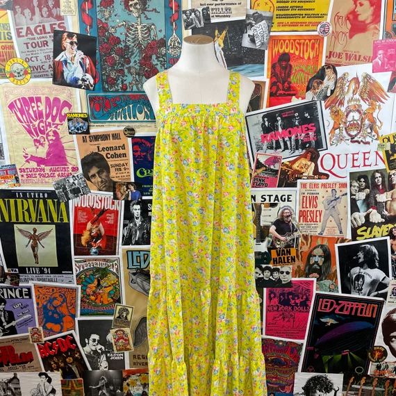 Vintage Women's 1970s Yellow Floral Print Tiered Sleeveless Boho Maxi Sundress | Etsy (US)
