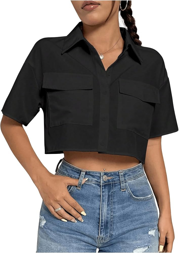 MakeMeChic Women's Cropped Button Down Shirt Collar Short Sleeve Pocket Crop Tops | Amazon (US)