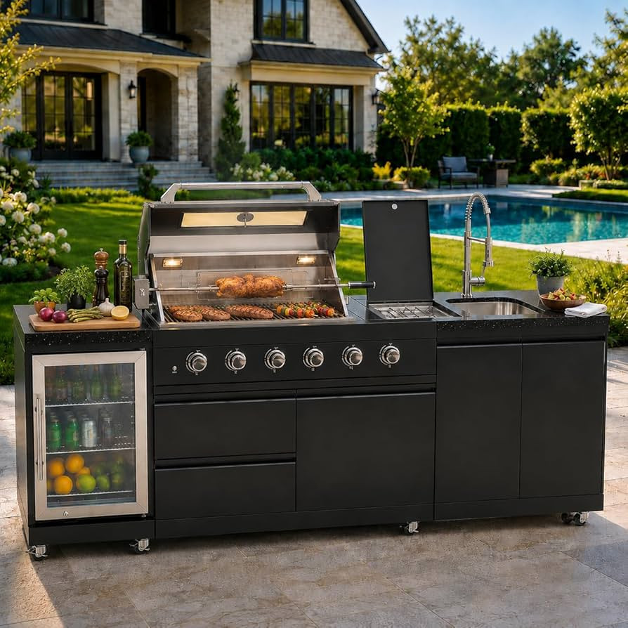 98-Inch Outdoor Kitchen Grill Island, 6-Burner 72,000 BTU Propane Gas BBQ Grill with Refrigerator... | Amazon (US)