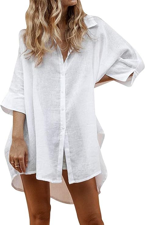 UNibelle Women Cotton Linen Shirts Casual Button Down Tunics Tops Beach Swimsuit Coverups | Amazon (US)