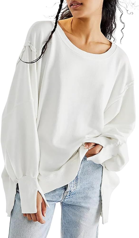 Women's Oversized Sweatshirts Crew Neck Long Sleeve Side Slit Pullovers Sweatshirt Casual Fall Cl... | Amazon (US)