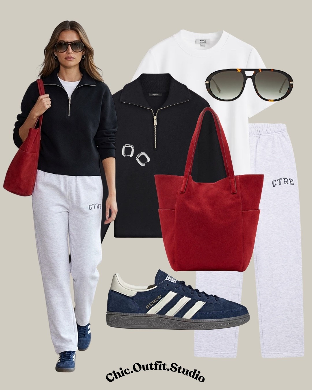 ✨A navy half-zip jumper styled with relaxed light-gray sweatpants creates an elevated casual pre-fall outfit that feels sporty, polished, and effortlessly chic. The crisp white tee adds contrast, while the navy sneakers create a cohesive tonal element and the bold red tote adds a stylish pop of color. 

✨Perfect for travel days, airport outfits, weekend errands, coffee runs, casual lunches, school drop-off, work-from-café days, or relaxed city days. It’s an easy athleisure formula that keeps comfort front and center while still looking put-together.

✨Tags: navy half zip outfit women, navy sweater outfit women, pre fall casual outfit, fall athleisure outfit women, navy and gray outfit women, sweatpants outfit women, elevated athleisure outfit, casual travel outfit women, airport outfit women, weekend casual outfit, sporty chic outfit women, red bag outfit, navy sneaker outfit, casual coffee run outfit, work from cafe outfit, minimalist casual style, everyday elevated outfit, transitional weather outfit, effortless casual outfit, European casual style

#LTKautumn #LTKbag #LTKshoes