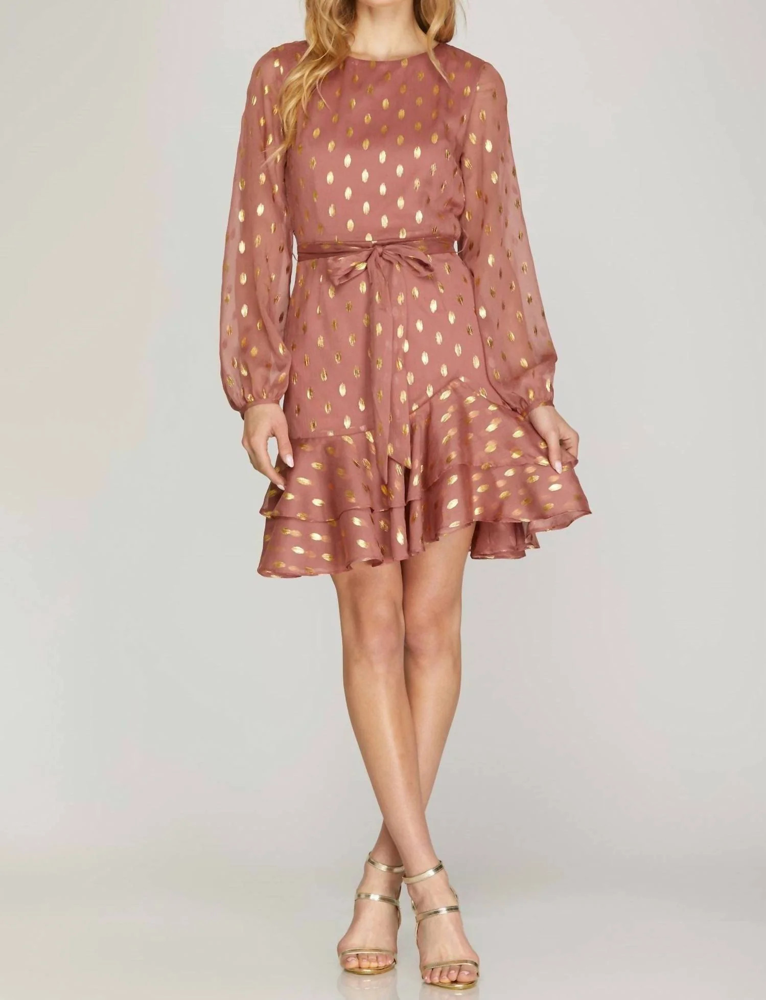 Gold-Dot Chiffon Dress With Ruffled Hem In Dusty Rose | Shop Simon