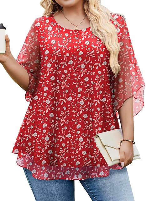 IN'VOLAND Plus Size 3/4 Sleeve Women Blouses Dressy Casual Double Layers Mesh Blouses Loose Fit F... | Amazon (US)