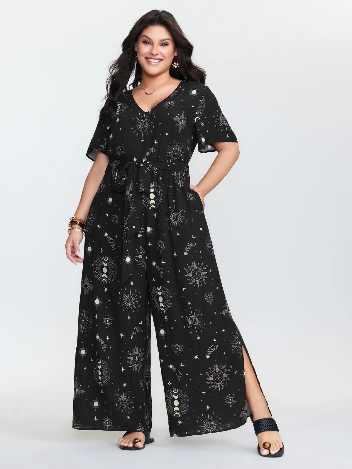 Supersoft Celestial Print Waist-Tie Jumpsuit | Bloomchic