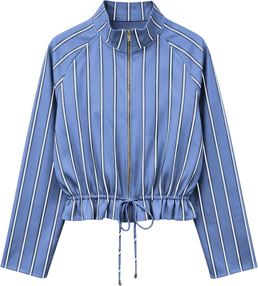 Womens Zip Up Cropped Jackets Striped Casual Lightweight Jackets | Amazon (US)