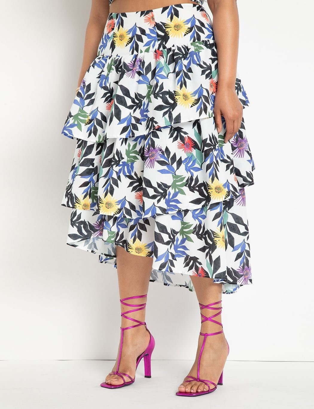Asymmetric Tiered Midi Skirt | Women's Plus Size Skirts | ELOQUII | Eloquii