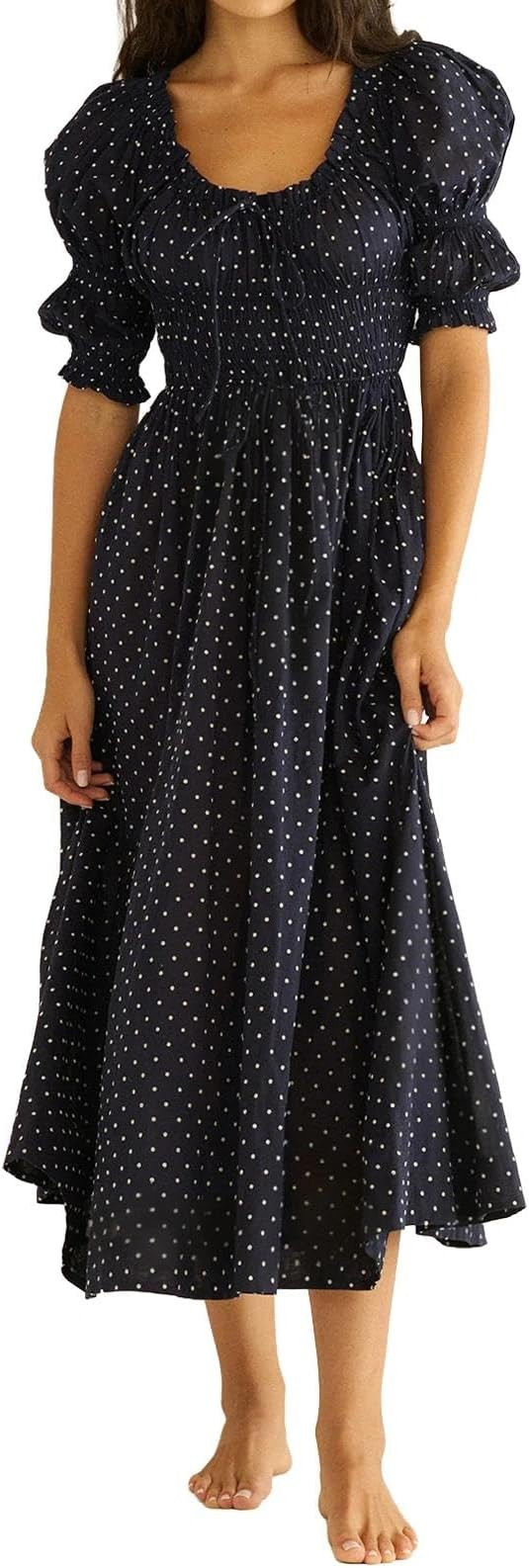 ABYOVRT Women Smocked Dresses Puff Sleeve Off Shoulder Flowy Midi Dress Baby Shower Summer Fall | Amazon (US)