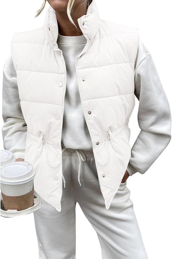 Saodimallsu Womens Puffer Vest Stand Collar Button Down Padded Jacket with Drawstring Waist | Amazon (US)