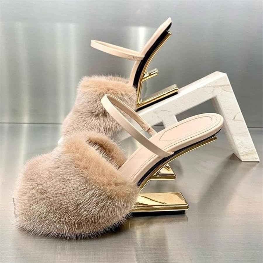 Women's Furry Slide Sandals High Heel Round Toe Designer Slippers Unique Geometric Heel Dressy Ev... | Amazon (US)