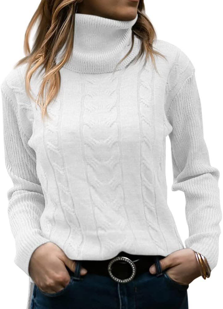Langwyqu Womens' Turtleneck Long Sleeve Cable Knit Sweaters | Amazon (US)