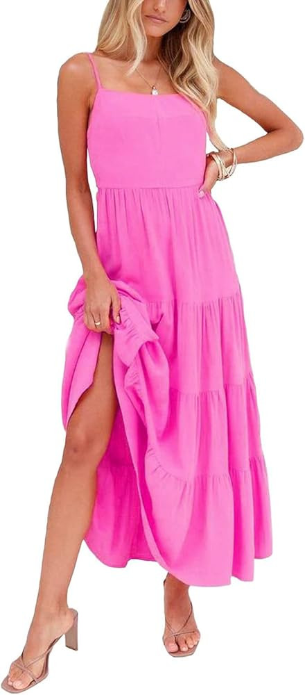 Nhicdns Women Summer Boho Maxi Dress Tiered Paghetti Strap Square Neck Pleated Backless Sleeveless B | Amazon (US)