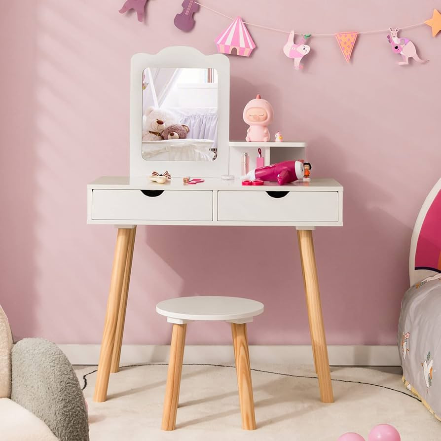 HONEY JOY Kids Vanity, Toddler Dressing Table & Chair for Bedroom, 2 Storage Drawer & Square Mirr... | Amazon (US)