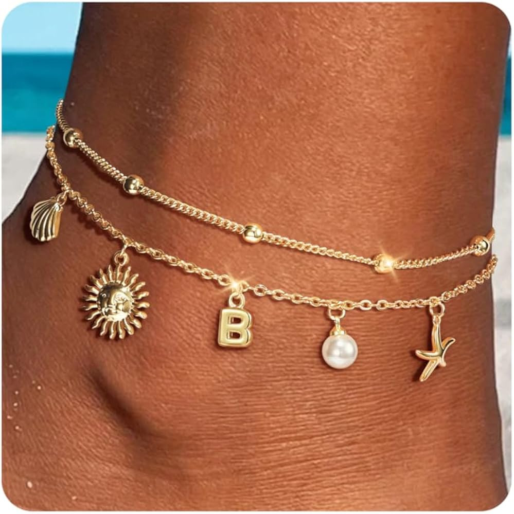 Ankle Bracelets for Women - Gold Initial Anklets for Women Waterproof Handmade Layered Gold Beach... | Amazon (US)