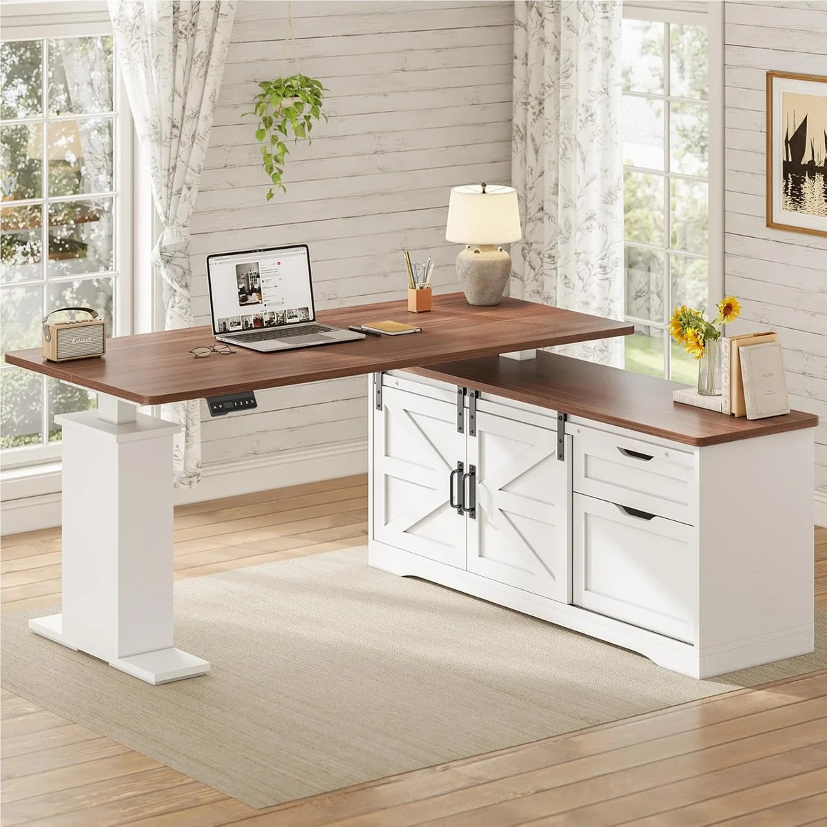 Farmhouse L Shaped Standing Desk, 55 Inch Height Adjustable Corner Desk With Storage Drawers, Sta... | Wayfair North America