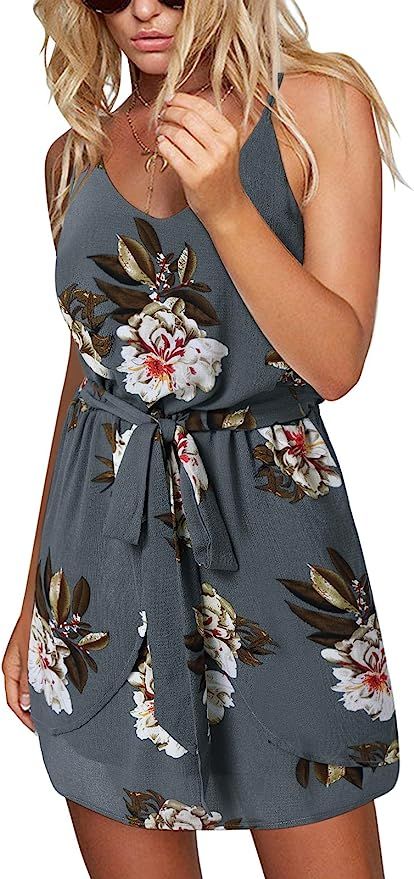 ZANZEA Women's Sleeveless Floral Printed Spaghetti Strap Beach Summer Mini Dress Boho V Neck Casu... | Amazon (US)