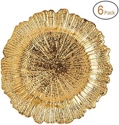 FANTASTIC :) Round 13 Inch Plastic Charger Plates with Eletroplating Finish (6, Reef Gold) | Amazon (US)