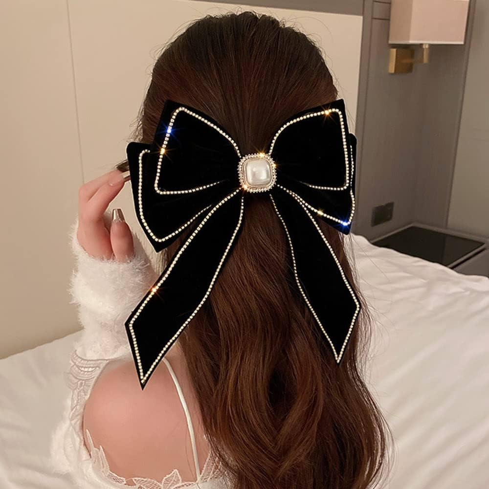 Wiwpar Velvet Black Hair Bow Hair Clips Barrettes Clips Large Bows with Pearl Rhinestone Hair Cli... | Amazon (US)