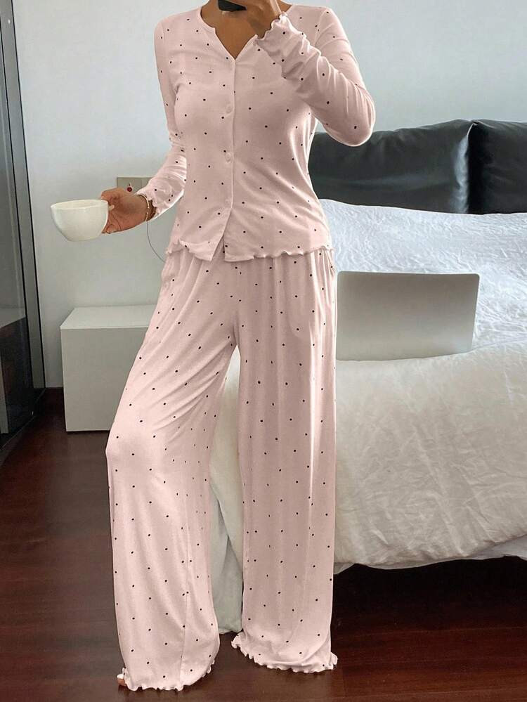 DAZY Women's Polka Dot Print Long Sleeve Pajama Set, Fall & Winter Clothes | SHEIN