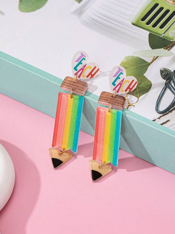 Acrylic Heart & Multi-Color Pen Shaped Personality Style Teacher's Day Earrings, Festival Jewelry... | SHEIN