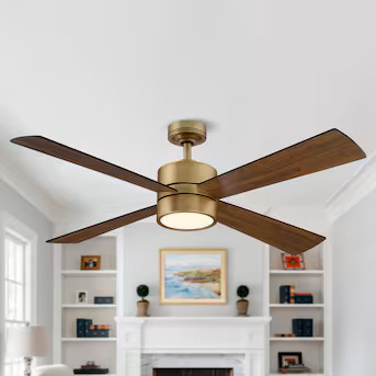 Parrot Uncle 52-in Natural Brass with Walnut Blades Integrated LED Indoor Ceiling Fan with Light ... | Lowe's