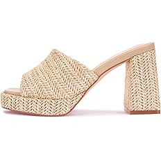 Monrovia Raffia Heeled Sandals for Women，Platform Wedge Slip On Block Heel, Dressy Summer Open ... | Amazon (US)