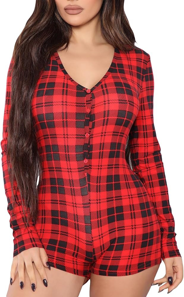 Women Christmas Pajama Onesie Long Sleeve V-Neck Bodycon Romper One-Piece Jumpsuit Shorts Holiday... | Amazon (US)