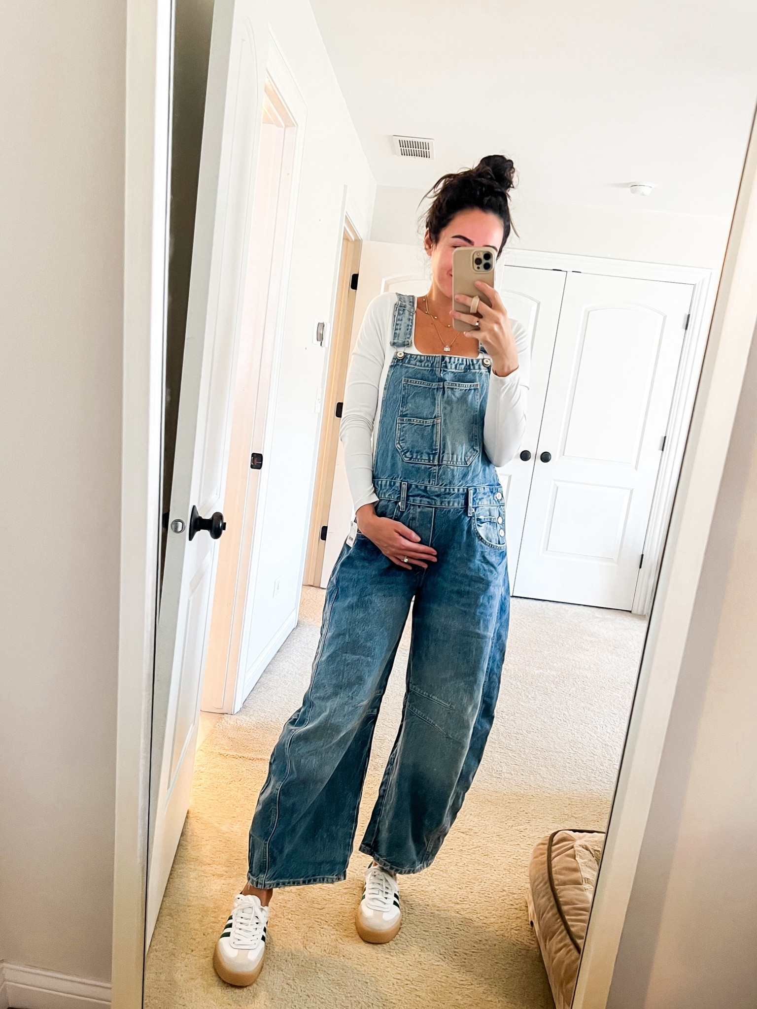 Never thought I’d be a barrel leg pant girly but here we are - I’d say fit is TTS - wearing a small with a bump!

Overalls - small
Bodysuit - medium
Shoes - (size down) usually an 8 wearing 7.5

#LTKstyletip #LTKSeasonal #LTKbump