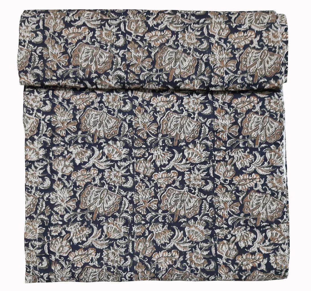 New Bagru Hand Block Print Kantha Quilt Cotton Hand Made Soft Fine Cotton Kantha Quilt King Queen... | Etsy (US)