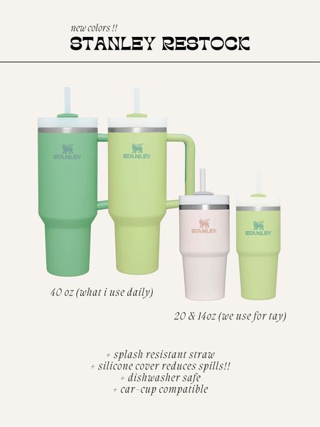 40oz, 30oz, 20 & 14oz Stanley’s restocked today in this new green color! We use the smaller 20 & 14oz sizes for Tayas smoothies because they are splash proof and she can carry them easy. The large 40oz I use daily for water it’s the best!! 

