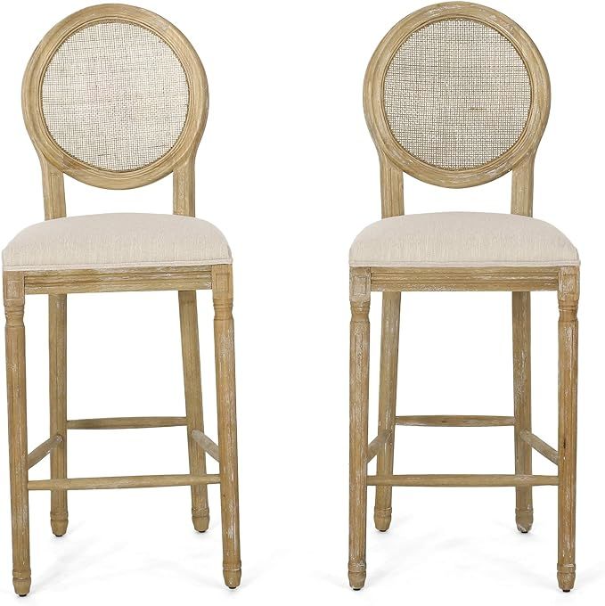 Caspar French Country Wooden Barstools with Upholstered Seating (Set of 2), Beige and Natural | Amazon (US)