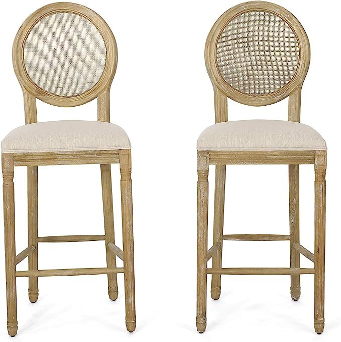 Caspar French Country Wooden Barstools with Upholstered Seating (Set of 2), Beige and Natural | Amazon (US)