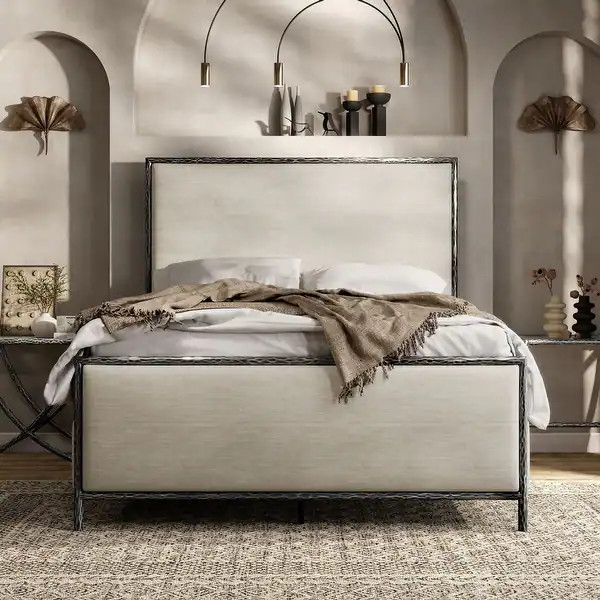 247 Shop At Home Lalia Modern Beige Upholstered Hammered Metal Panel Bed - Bed Bath & Beyond - 43... | Bed Bath & Beyond