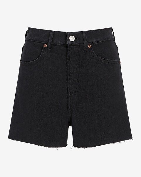 Super High Waisted Black Wash Denim Mom Shorts | Express