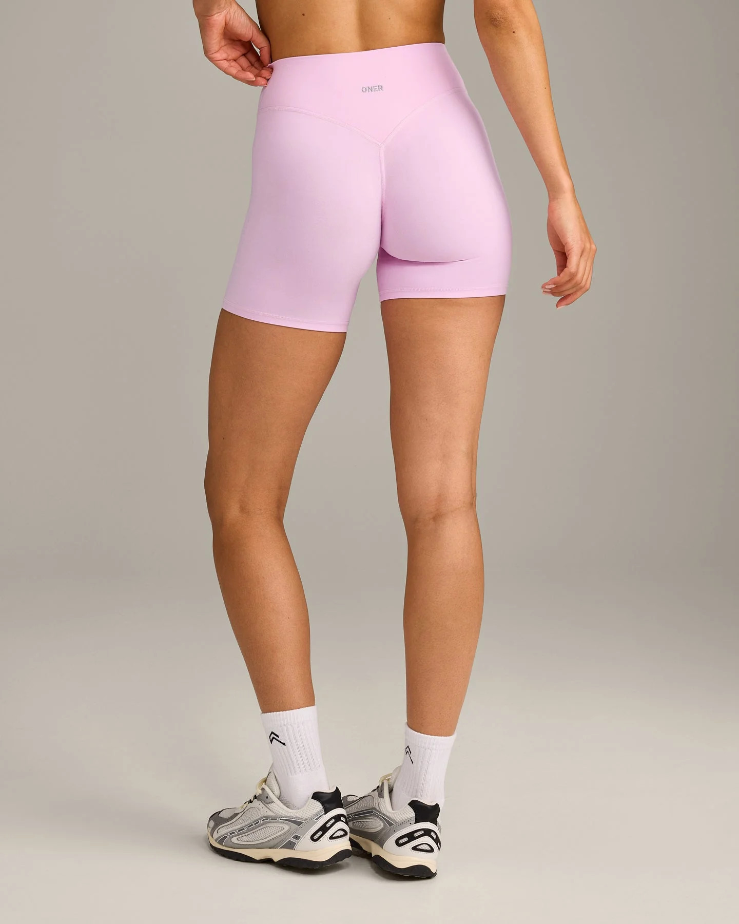 SoftMotion\u2122 High Waisted Shorts 6" with Gray Logo | Chalk Pink | Oner Active (UK / US)