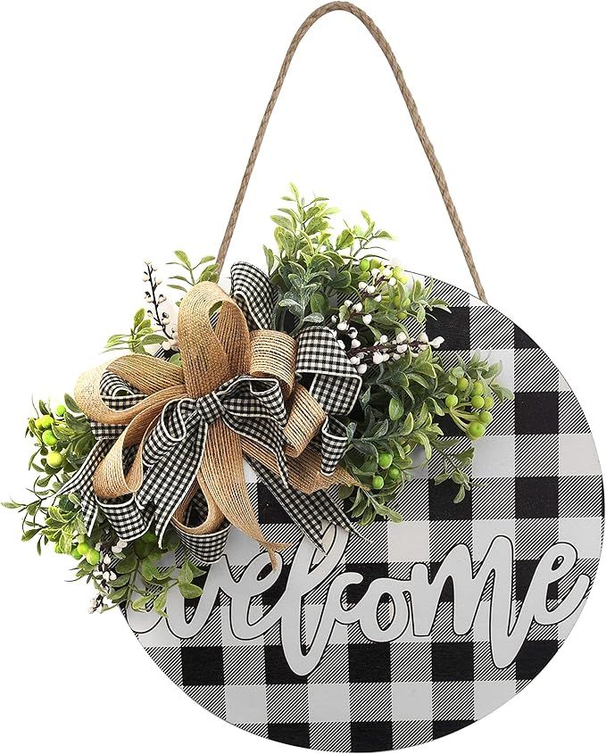 Welcome Sign for Front Door Wooden Hanging Sign Buffalo Plaid Decor Front Porch Decorations for F... | Amazon (US)