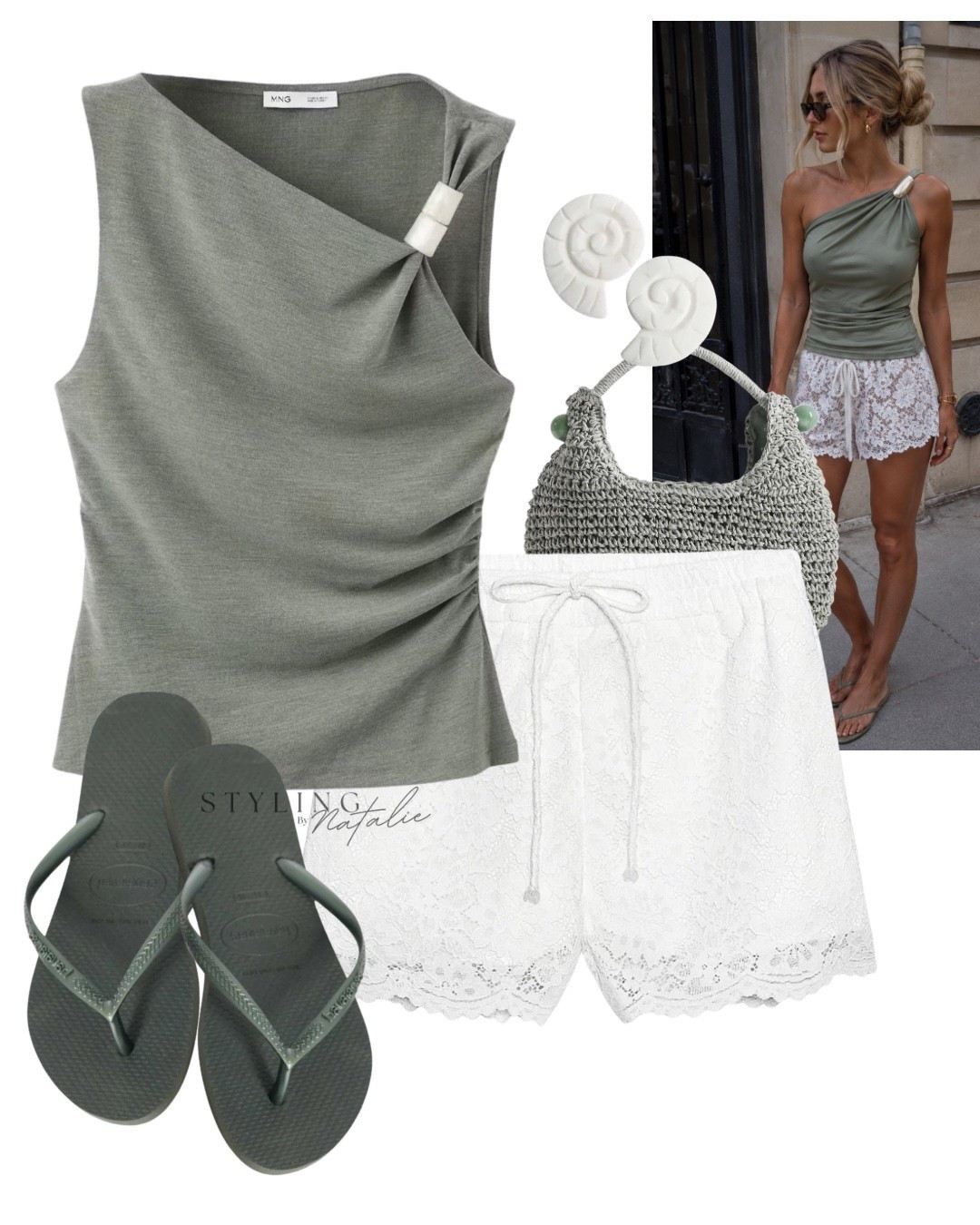 Everyday  summer outfit- Sage green twist shoulder detail ruched top with pearl resin bead, pull on lace Bermuda shorts, olive green Havaianas flip flops, White Sea shell earring and raffia bag. 
🏷️ Zara, lace, Mango, thong sandals, drawstring shorts, high street, date night, holiday outfit

#LTKsummer #LTKuk #LTKdatenight