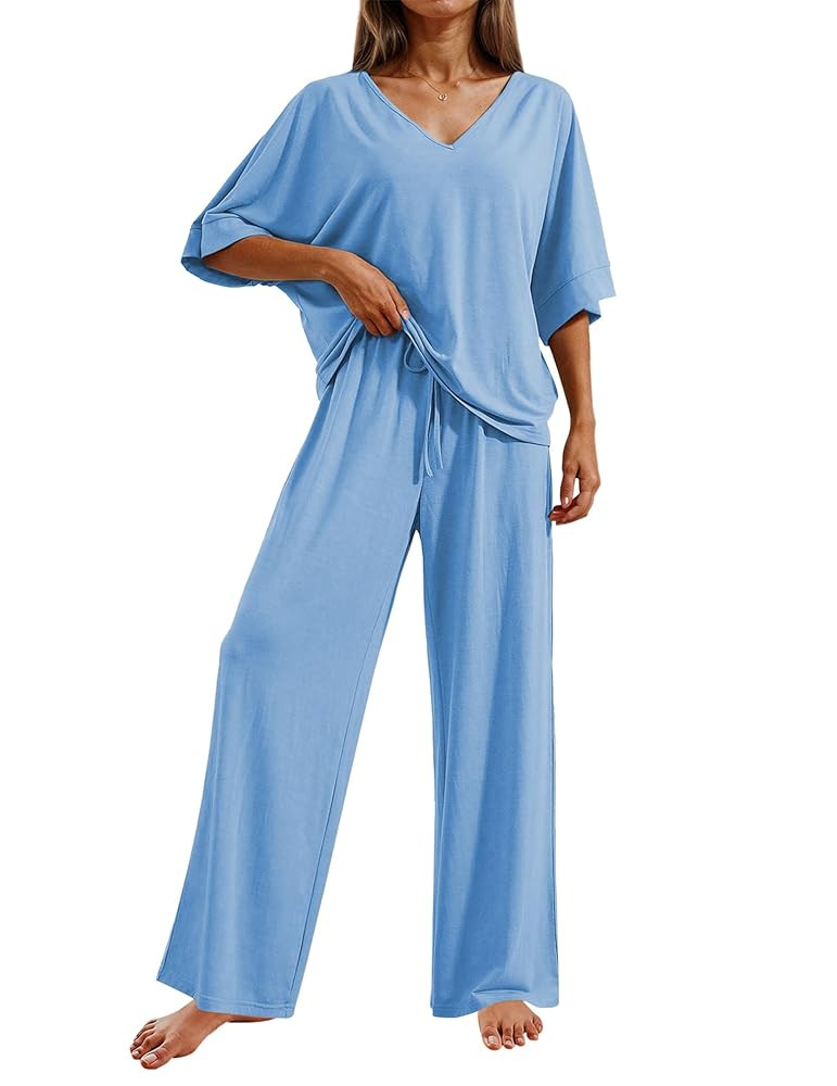 Ekouaer Pajama Sets for Women 2 Piece Lounge Set Short Sleeve Tops and Long Pants Soft Comfy Pjs ... | Amazon (US)