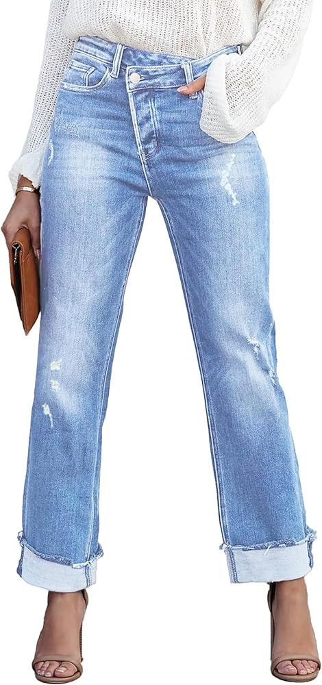 Womens Cargo Denim Jeans High Waisted Stretchy Flap Pocket Straight Leg Pants | Amazon (US)