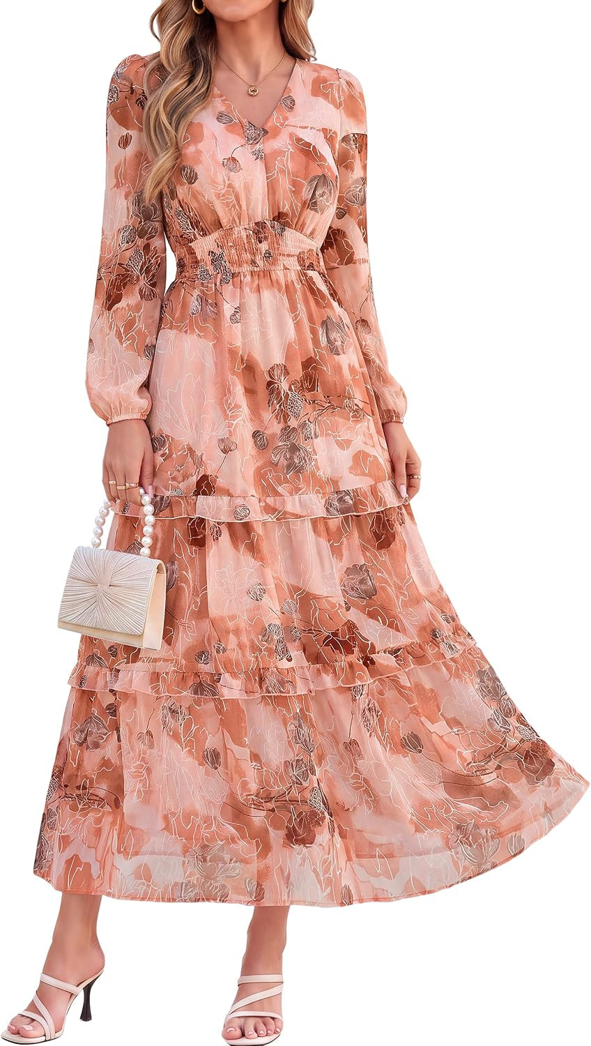 Simplee Women's Long Sleeve Maxi Boho Floral Fall Wedding Guest Dresses | Amazon (US)