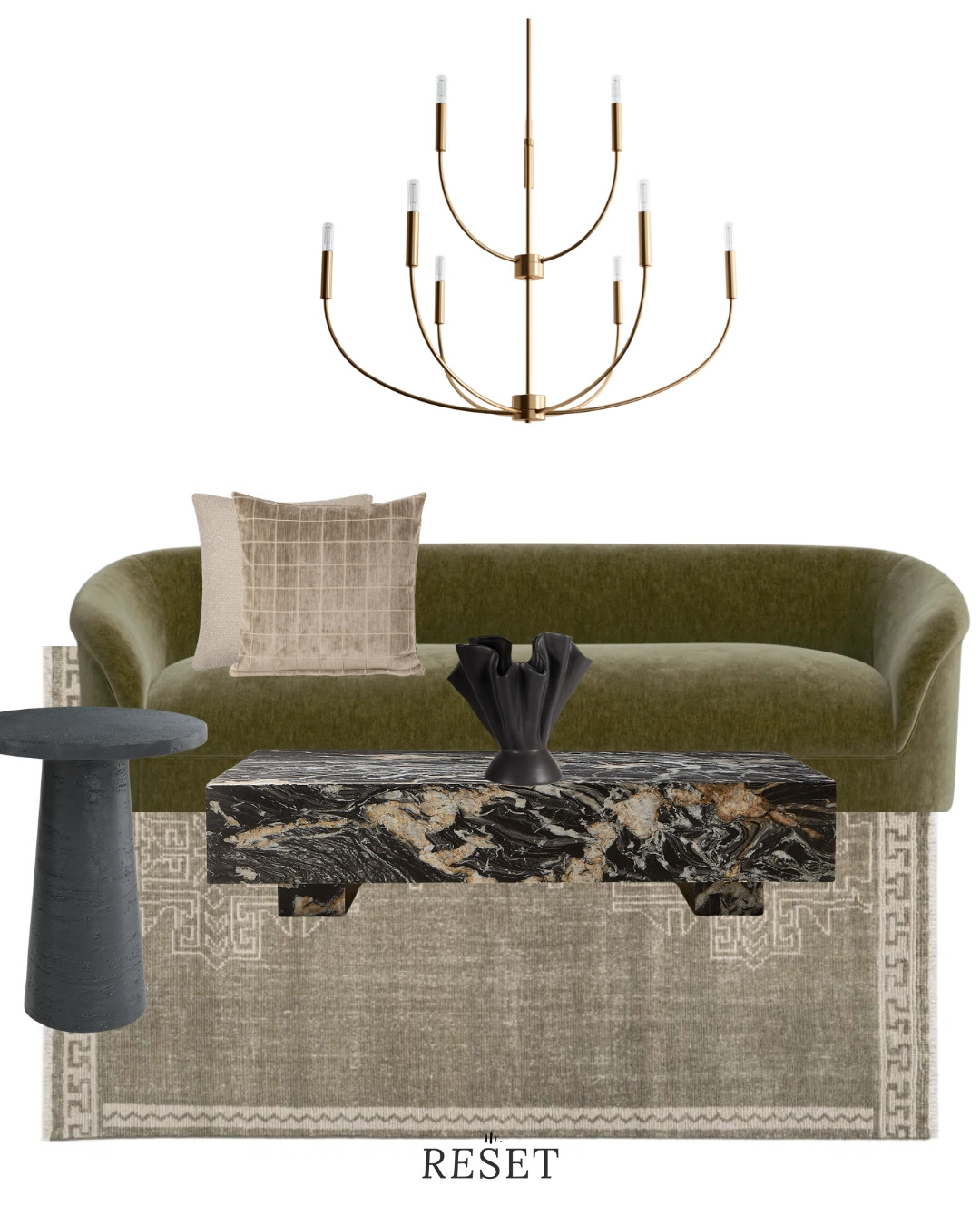 Green velvet sofa with a brass chandelier and stone coffee table.
High-end modern living room inspiration. 

 #LTKSeasonal #LTKHome