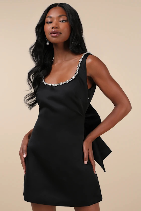Cloe Black Rhinestone Backless Bow Mini Dress | Lulus