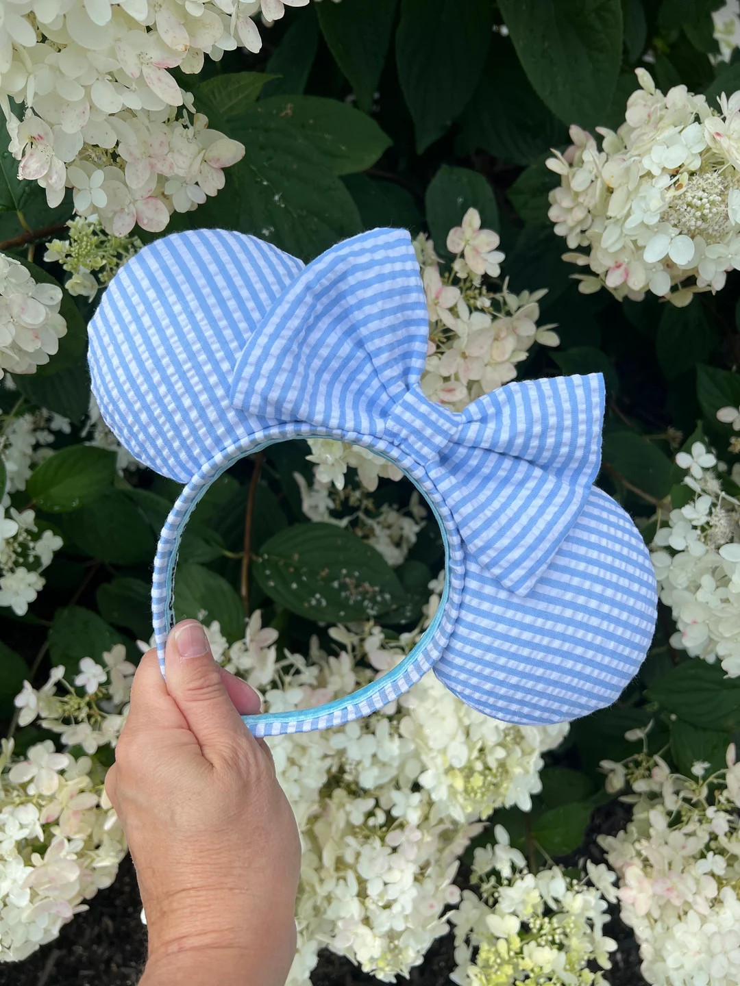Blue and White Seersucker Ears with covered headband | Etsy (US)