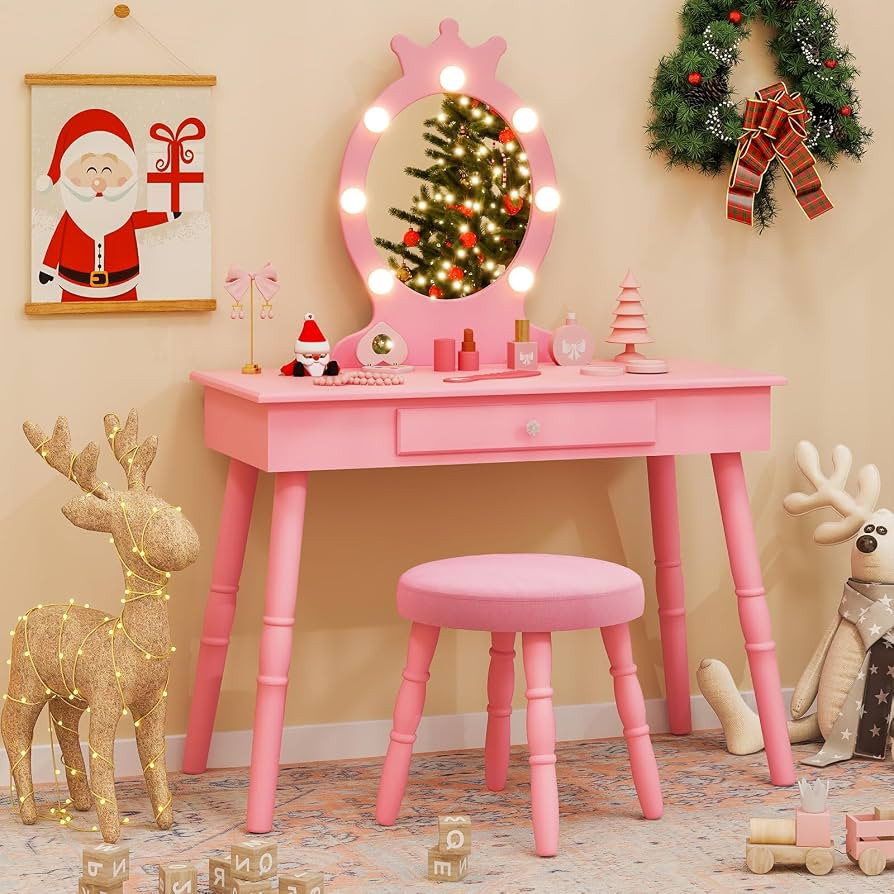 Costzon Kids Vanity, Girls Vanity Set with Mirror and Stool and Lights, Drawer, 2 in 1 Wooden Tod... | Amazon (US)