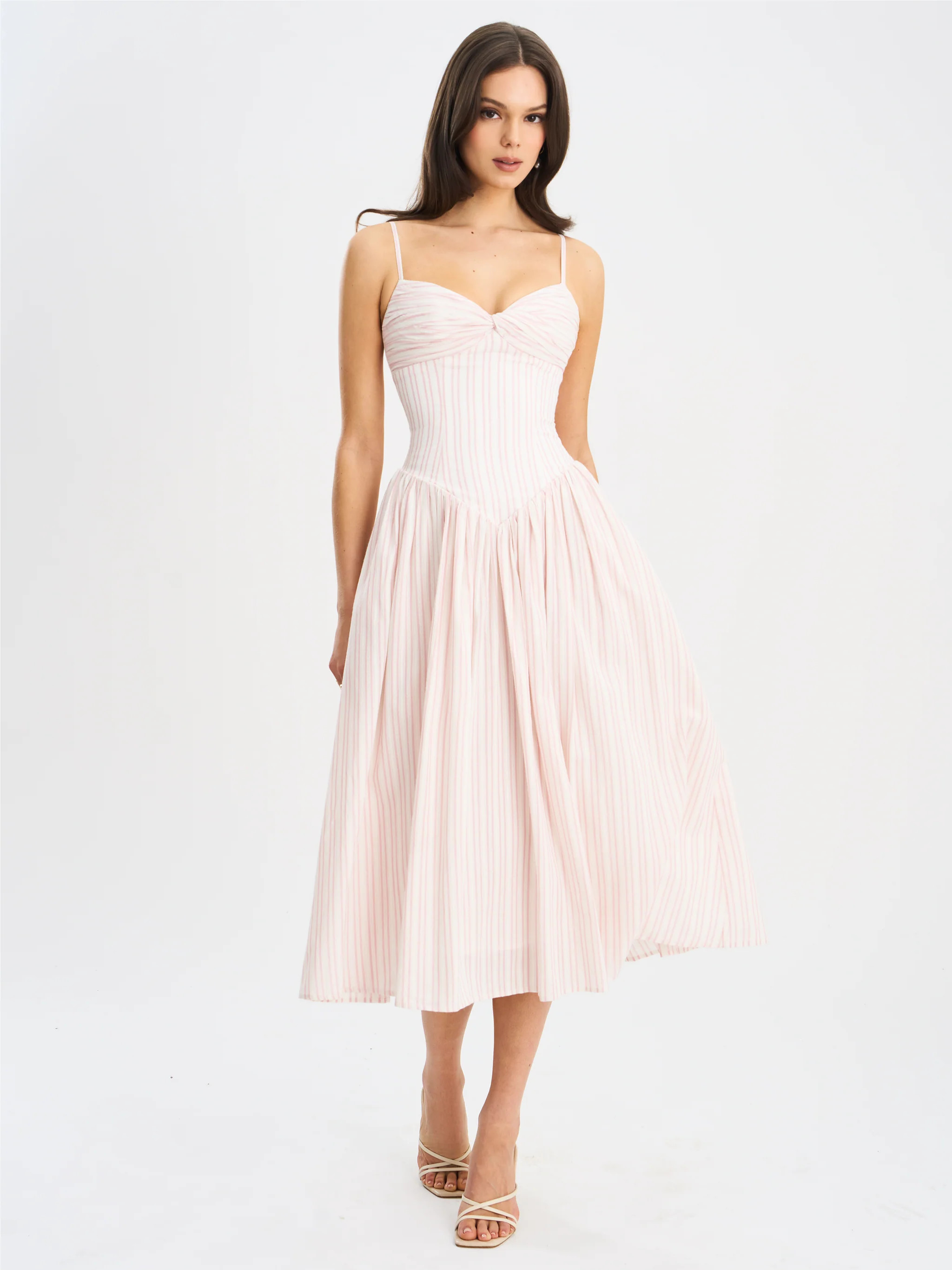 Zania Pink Stripe Ruched Breast Cotton Jacquard Midi Dress | Miss Circle
