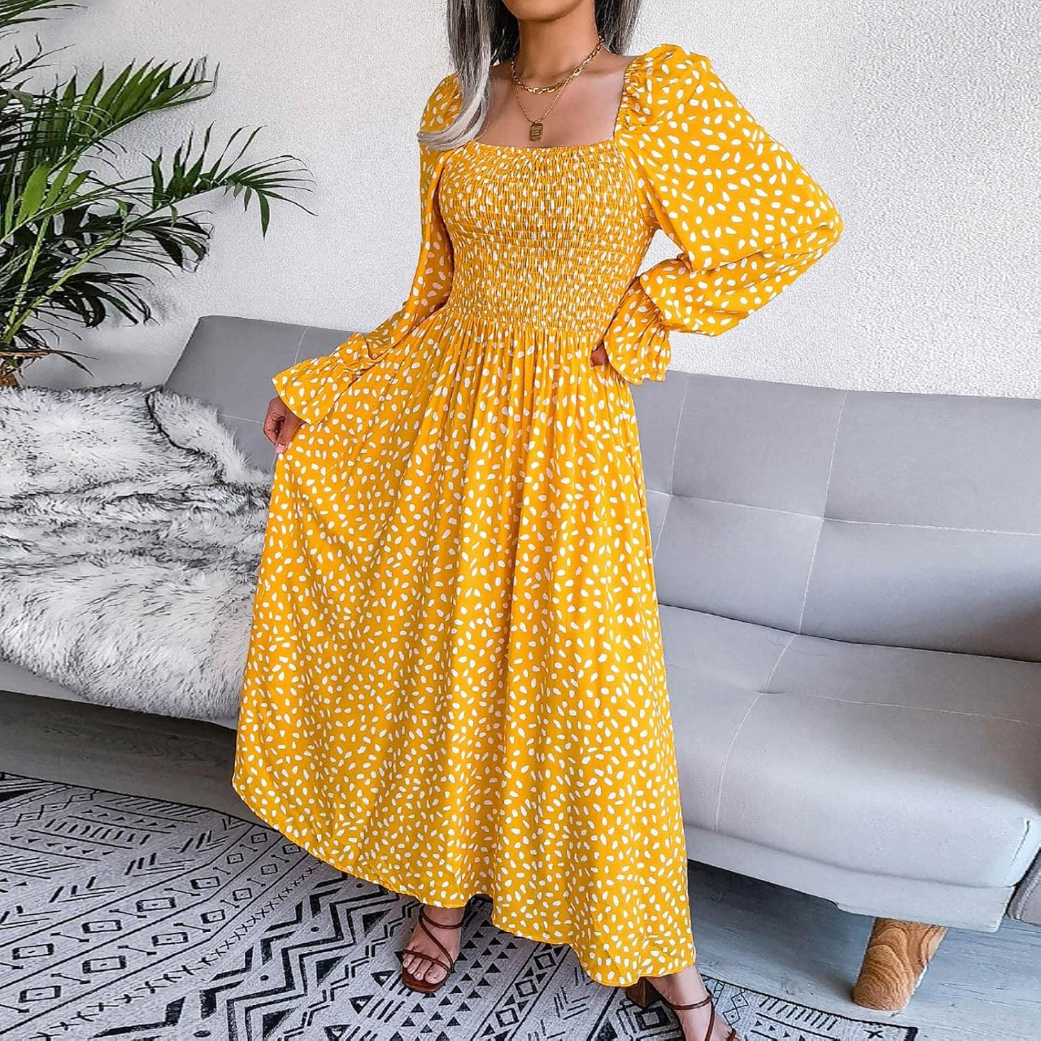 Sun Dresses for Women 2022 Fashion Square Neck Polka Dot Long Sleeve Dress Pleated High Waist Lon... | Amazon (US)