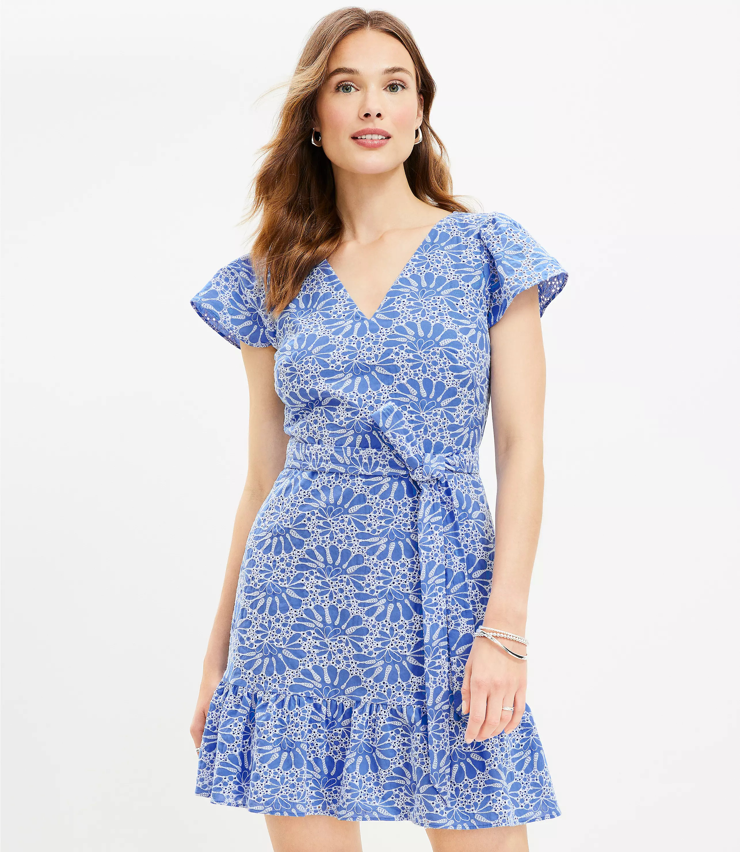 Eyelet Belted Flutter Sleeve Swing Dress | LOFT