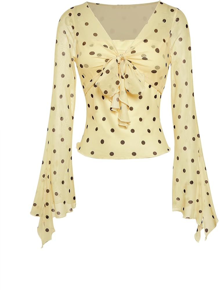 Verdusa Women's Y2K Cute Bell Sleeve Tops Floral Print Mesh Summer Long Sleeve Going Out Tops 200... | Amazon (US)