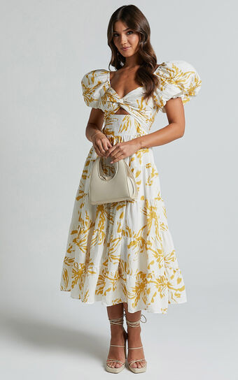 Jamaella Midi Dress - Short Puff Sleeve Front Cut Out Dress in White Floral | Showpo (US, UK & Europe)