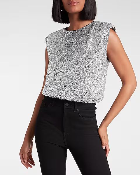 Sequin Ruched Strong Shoulder Top | Express